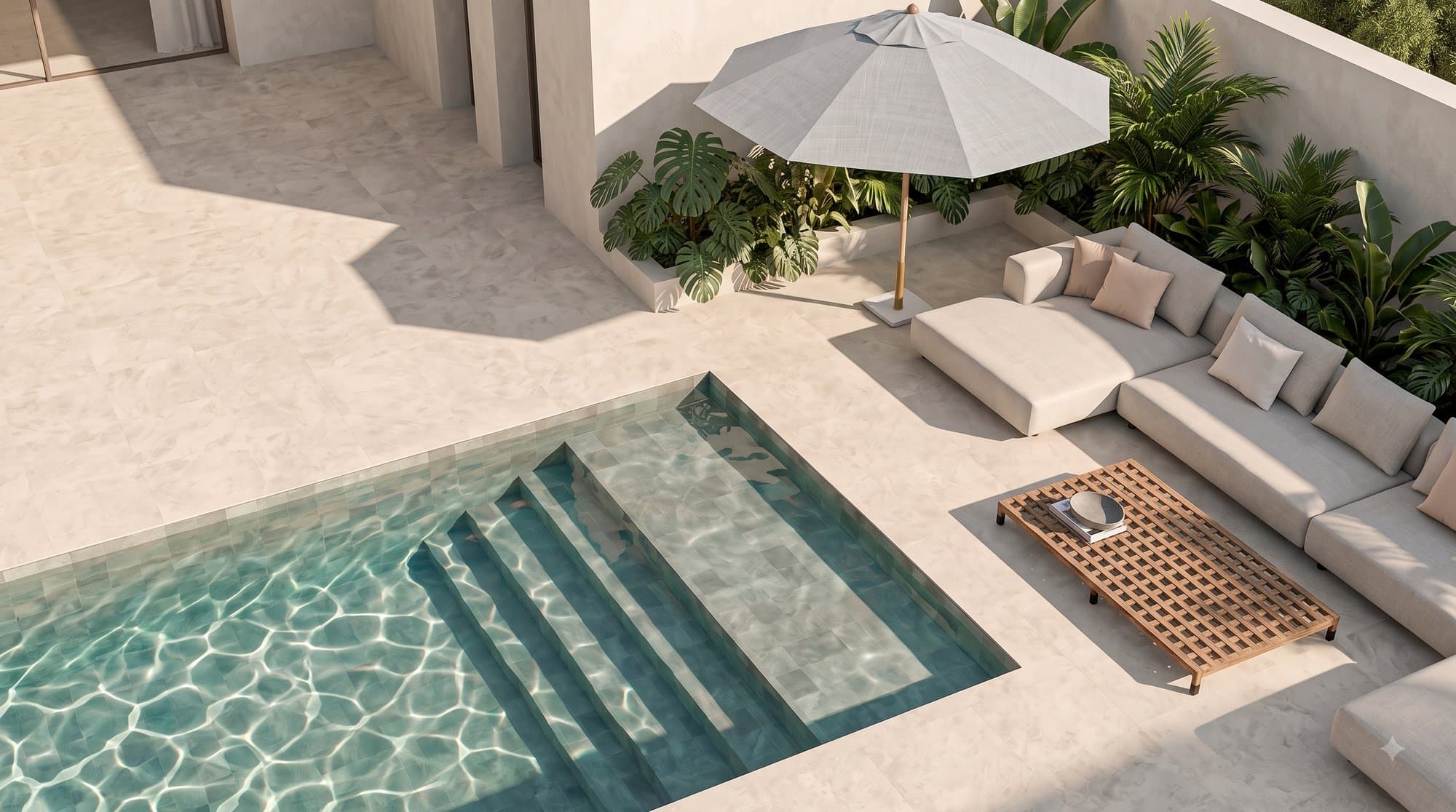 Terraza de lujo con piscina y jardín tropical